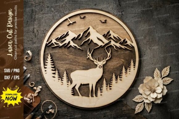 Download Deer Mountain Circle Laser Cut SVG - Laser cut svg Collection